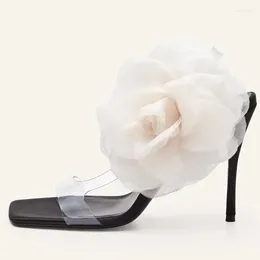 Dress Shoes Women's Clear PVC Straps Sandals 3D Side Flower Summer Stiletto Slip On Thin High Heels Pumps