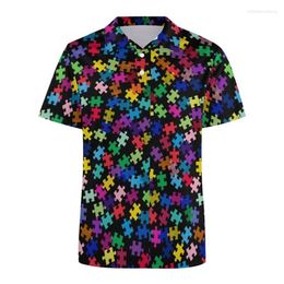 Men's Polos Autism Awareness Colorful Puzzle 3D Print Polo Shirt For Men Clothes Harajuku Short Sleeve Cool Street Button Lapel Tee Shirts