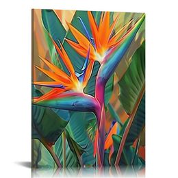 Tropical Flower Canvas Wall Art Bird of Paradise Pictures Paintings Hawaii Themed Green Palm Leaf Home Decor Framed