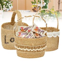 Gift Wrap Vintage Wedding Lace Flower Basket Linen Handle Rustic Style Ceremony Table Decor Baby Shower Party Candy Bags