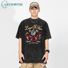Hip Hop Punk T Shirts Flame Rose Graphic Print Gothic Tshirt Streetwear Harajuku Summer Fashion Washed Make Old Cotton Tops Tee 240527
