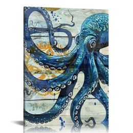 Ocean Octopus Wall Art Nautical Octopus Paintings Prints Navy Blue Artwork Nautical Sea Life Decorations Canvas for Bathroom kitchen Bedroom Living Room 16"x20"