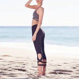 Active Pants Women Ballerina Hollow Yoga Sport Leggings Fitness Cross Bow Tie Ballet Dance Tight Bandage Cropped