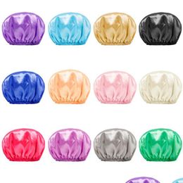 Beanie/Skull Caps Double Layer Solid Colour Satin Waterproof Hat Beanie Adjustable Bath Headwear Hair Care For Women Girl Drop Delivery Dhqcd