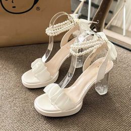 Dress Shoes Womens Comfortable Pearl Sandals Set Beige Elevated High Heels Fully Matched with Black Bow 2024 Fashion Short and Fat Gi H240527