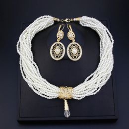 Sunspicems Morocco Crystal Bead Necklace Multilayer Pearl Choker Earring Gold Colour Arabic Bride Wedding Jewellery Sets 240521