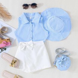 Clothing Sets Summer Toddler Baby Girl Stripe Clothes Suit Turn-Down Collar Shirts Sleeveless Tank Tops Shorts Sun Hat Kids 3Pcs Outfits Set