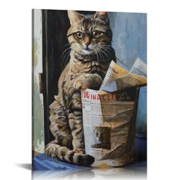 Cat Toilet Reading Newspaper Picture Wall Art Painting Animal Cat Canvas Wall Art Bathroom Prints Wall Artwork Home Decor For Bathroom Kitchen 16"X20"