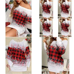 Basic Casual Dresses Christmas Snowflake Plaid Gradient Dstring Bodycon Dress Women Elegant Commuting 2024 Autumn Y Long Sleeve Club D Dhwor