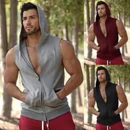 Brand Gyms Hooded Double Zipper Tank Tops Men Bodybuilding Cotton Sleeveless Vest Sweatshirt Fitness Workout Sportswear Top Male 240520