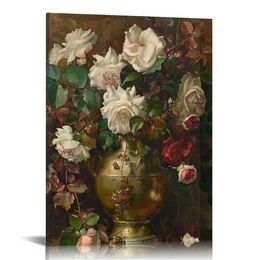 Vintage Floral Framed Wall Art, Rose Bouquet Flower Paintings Decor Aesthetic, Canvas Print Artwork, Still Life Retro Wall Pictures for Bedroom Living Room, 16x20 Inch