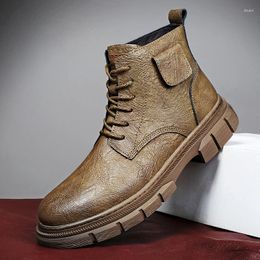 Boots Genuine Leather Thick Base Mid-Top Luxury Men British Trend High-Top Casual Shoes Warm Winter Male Motorcycle