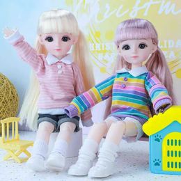 Dolls 28cm Doll Set with Bangs Double tail 1/6 Bjd Doll Accessories Suit Rainbow/ Pink Striped Clothes Girls Dress Up Toy Y240528