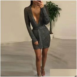 Basic Casual Dresses Perspective Knitted Cardigan Sweater Dress Bronzing Colour Club Party Bodycon Deep V-Neck Long Sleeve Sashes Jacke Dhdtg