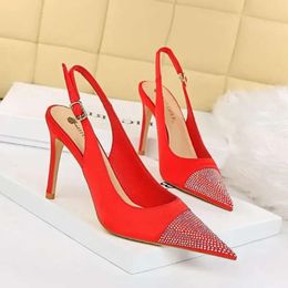 Fashion Summer Heels Ladies Sandals High Buckle Strap Rhinestone Shoes Non Slip Pointed Stiletto Flock Sexy Party 8e0