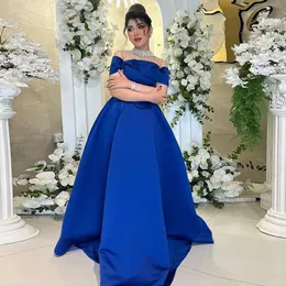 Elegant Saudi Arabic Prom Dresses With Beads Royal Blue Formal Evening Gowns Satin Middle East Long Party Wear