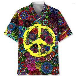Men's Casual Shirts Vintage Colorful Peace Pattern Hawaiian Shirt For Men 3D Printed Floral Short Sleeves Lapel Summer Street Button Blouses