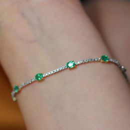Xiy Pure Gold 1.8Ct Natural Emerald Station Bracelet 0.35Ct Diamond Fine Jewelry
