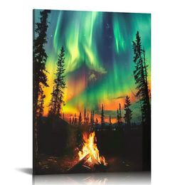 Aurora Borealis Wall Art Northern Lights Bathroom Decor Forest Mountain Canvas Prints Nature Landscape for Home Office Decor Framed