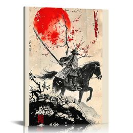Red Black Ancient Japan Warrior and Fuji Mountain Scroll Painting Samurai Canvas Wall Art Print Poster Ready To Hang Vintage Style Artwork Home Decor
