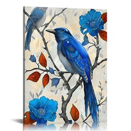 Blue Bird Pictures Wall Decor Bird on Flower Tree Canvas Art Prints Spring for Kitchen Bedroom