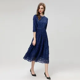 Party Dresses Spring Summer Midi Dress Women O-Neck Half Sleeve Appliques Beading Elegant Fashion Designer