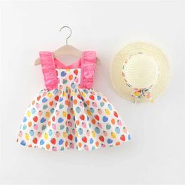 Girl's Dresses 2-Piece Set Of Summer Sweetheart Dress And Hat Baby Print Small Strawberry Cross Back ldrenS Clothing H240527