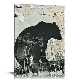 Rustic Animal Canvas Wall Art Black Mountain Bear Decor Cabin Bathroom Decor Wildlife Pictures for Living Room Woodland Painting Bedroom Lodge Home Decorations