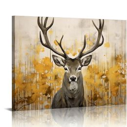 Modern Rustic Wildlife Elk Deer with Big Horn Wall Pictures Antlers Wall Art Vintage Print on Canvas Framed Artwork for Living Room Bedroom Cabin Decor