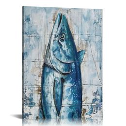 Blue and White Canvas Wall Art with Textured - Modern Fish Paintings - Contemporary Square Coastal Pictures for Living Room Bedroom Bathroom Decor