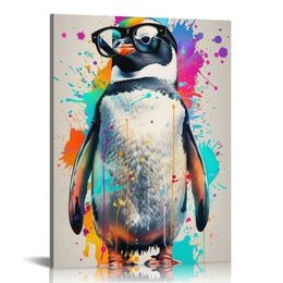 Watercolor Penguin With Glasses Canvas Wall Art Cute Penguin Animals Pictures Modern Canvas Aesthetic Artwork Wall Decor For Bathroom Living Room