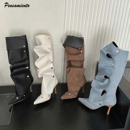 Boots Ins Style Autumn Winter Rivet Button Pleated Women Knee-high Fashion Pointed Toe PU Leather Thin High Heels Shoes