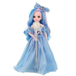 Dolls 1/6 Blue Girl Doll 32cm Height Doll Full Set 24 Joint Body Movable Pink Skin Lovely Girls Birthday Gift Toys for Children Y240528