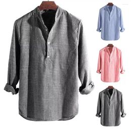 Men's Casual Shirts Cotton Linen Men Shirt Striped Stand Collar Long Sleeve Buttons Dress Simple Vintage Strip Korean