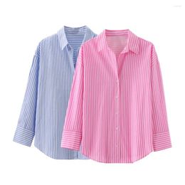 Women's Blouses UNIZERA2024 Summer Product Casual Loose Basic Polo Collar Long Sleeve Striped Poplin Shirt Top