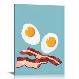 Food and Cuisine Modern Frame Paper - Eggs and Bacon, Wall Art for Living Room, Bedroom, and Bathroom, Blue and Yellow Home Decor