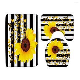 Bath Mats Yellow Sunflower Flower Butterfly Black And White Striped Background 3Pcs Set Door Mat Floor Bathroom Rug Carpet