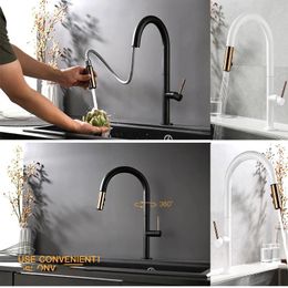 Kitchen Faucets Black / White Single Handle Pull Out Tap Hole Swivel 360 Degree Water Mixer