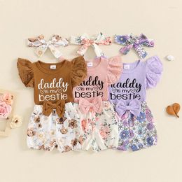 Clothing Sets FOCUSNORM 0-18M Lovely Baby Girls Summer Clothes 3pcs Ruffles Sleeve Letter Print Romper Floral Elastic Shorts Headband