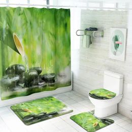 Shower Curtains Chinese Bamboo Pattern Curtain Bath Mat Toilet Pad Set Anti-slip Carpet Flannel 4 Pcs
