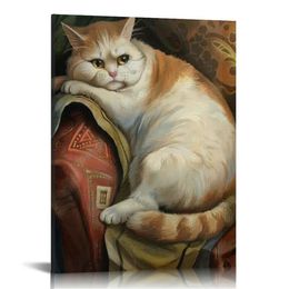 Vintage Fat Cat Canvas Wall Art, Cute Cat Crying In Sofa Poster for Room Aesthetic, Animal Floral Pictures, Funny Renaissance Square Painting Prints for Wall Decor