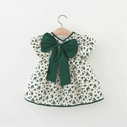 Girl's Dresses Summer baby girls dress floral big bow decorative bubble sleeve knee-length daily cotton skirt H240527 IIV6