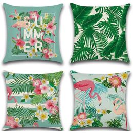 Pillow Flamingo Green Leaves Cover Pink White Flowers Tropical Palm Leaf Plants Home Decor Living Room Sofa Pillowcase