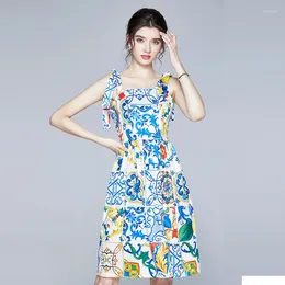 Casual Dresses JSXDHK Summer Blue And White Porcelain Print Dress Runway Designer Women Spaghetti Strap Bow Flower Lady Holiday Swing