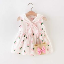 Girl's Dresses Girls Fashion Navy Blue Collar Strawberry 9 Months to 3 Years Old Sleeveless Gift Bag 2023 Round Neck Cotton Summer Dress H240527 IUH9