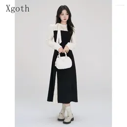 Casual Dresses Xgoth French Dress Lace-up Patchwork Korean Fashion Elegance Slimming Hepburn Style Skirts Female Trendy Clothes