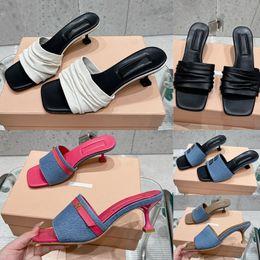 Women Slipper Designer Slides Sandals Kitten Heel Shoes Luxury Denim Sheepskin Slippers Square Head Leather Strap Metal Letters Summer Heels Sliders Dress Shoe