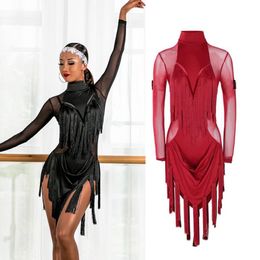 Stage Wear Latin Dance Dress Women Mesh Tassel Skirts Black Red Fringe Competition Cha Rumba Samba QERFORMANCE Clothes 284f