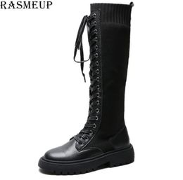 RASMEUP Leather Kintted Elastic Women039s Knee High Boots 2020 Style Women Platform Long Boot Lace Up Lady Chunky Shoes Plus Si4027466