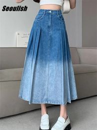 Seoulish High Waist Grandient Pleated Womens Denim Long Skirts Spring Summer Casual Blue Jeans Skirt Pockets Female 240528